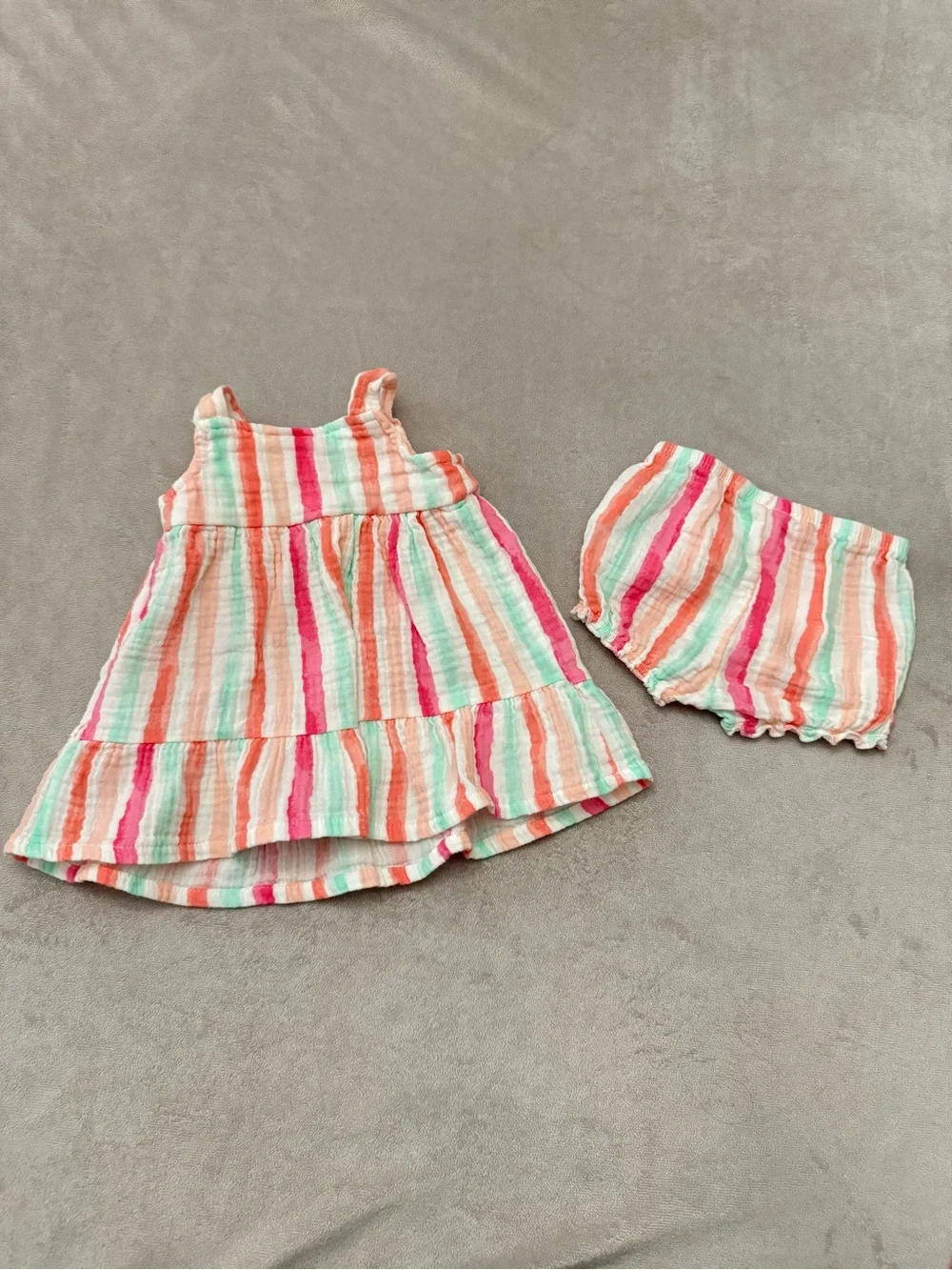 Koala Baby 2 Pc Striped Gauze Dress & Bloomer Set 3 Months Pink Coral Mint Cotto